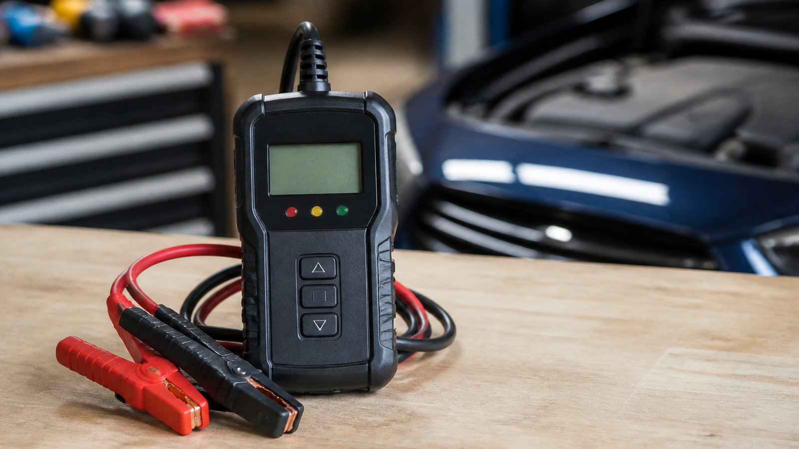 Compact handheld battery analyser on a clean workbench