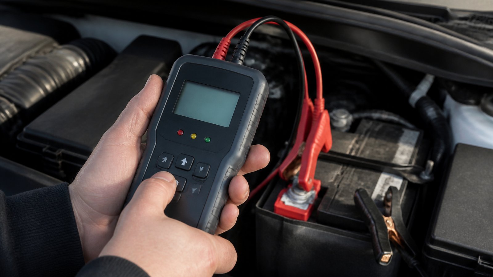 Handheld twelve-volt battery analyser in a UK garage scene