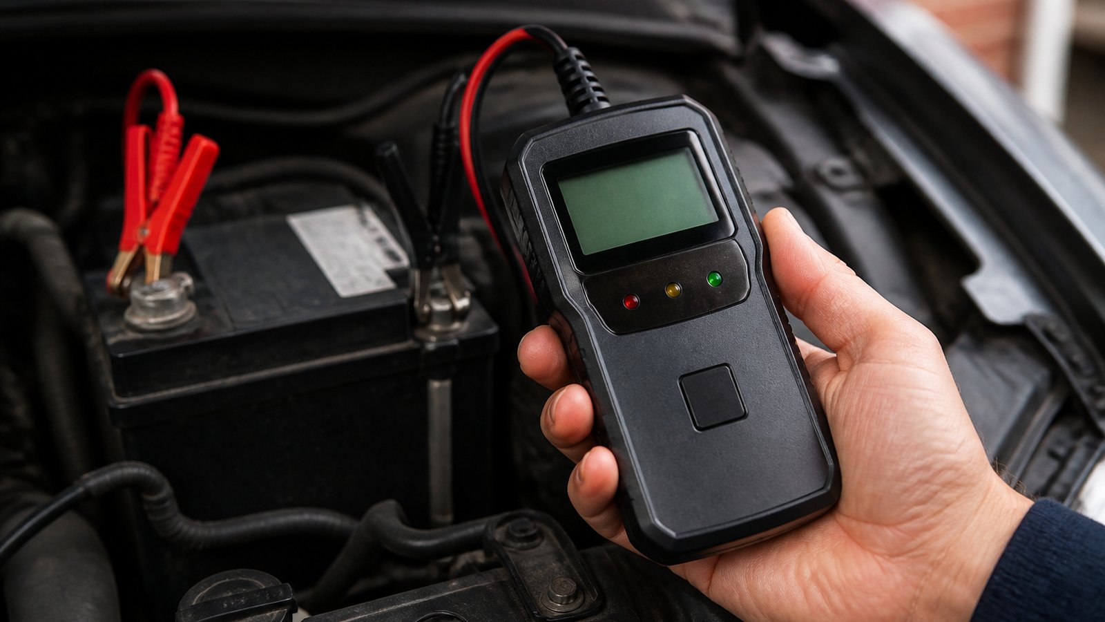 Compact handheld battery analyser on a clean workbench