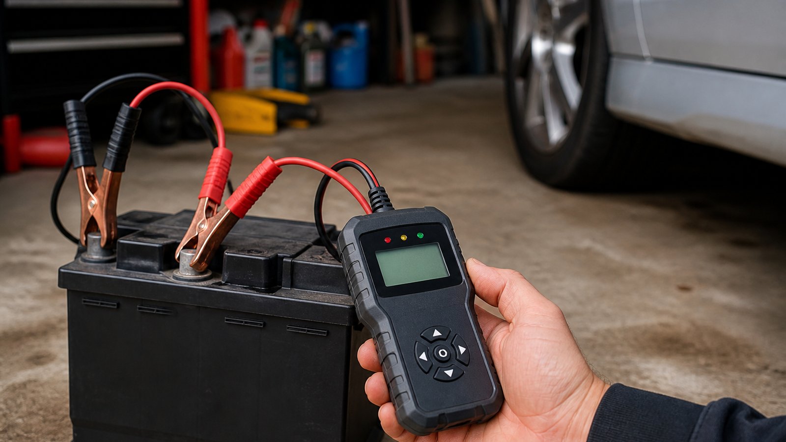 Handheld twelve-volt battery analyser in a UK garage scene