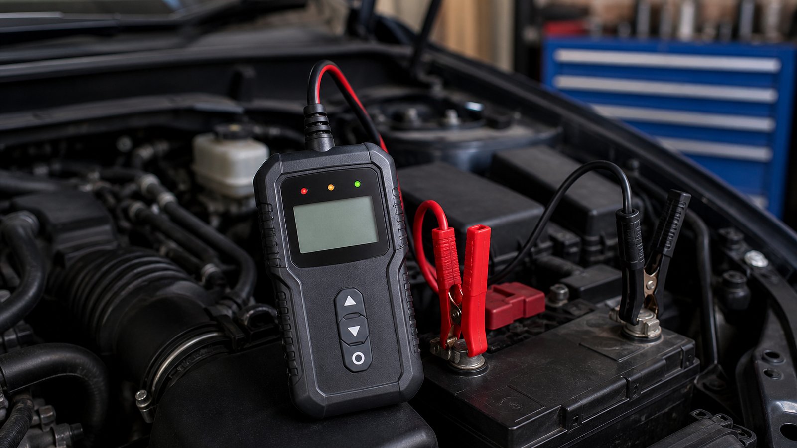 Analyser clamped for a charging-system check under a bonnet