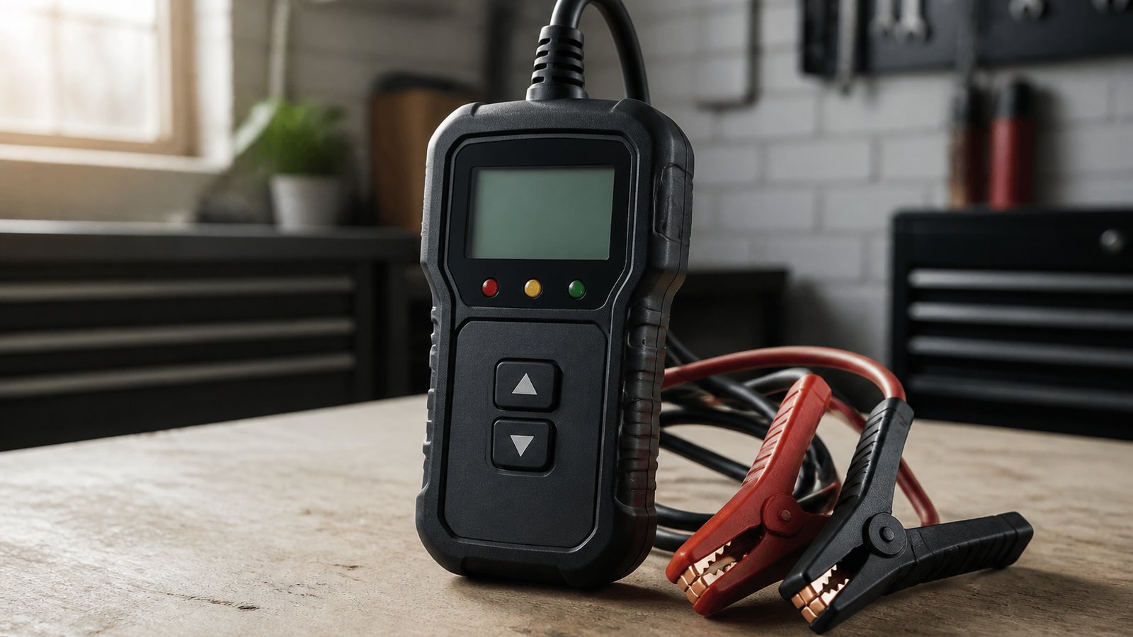 Compact handheld battery analyser on a clean workbench