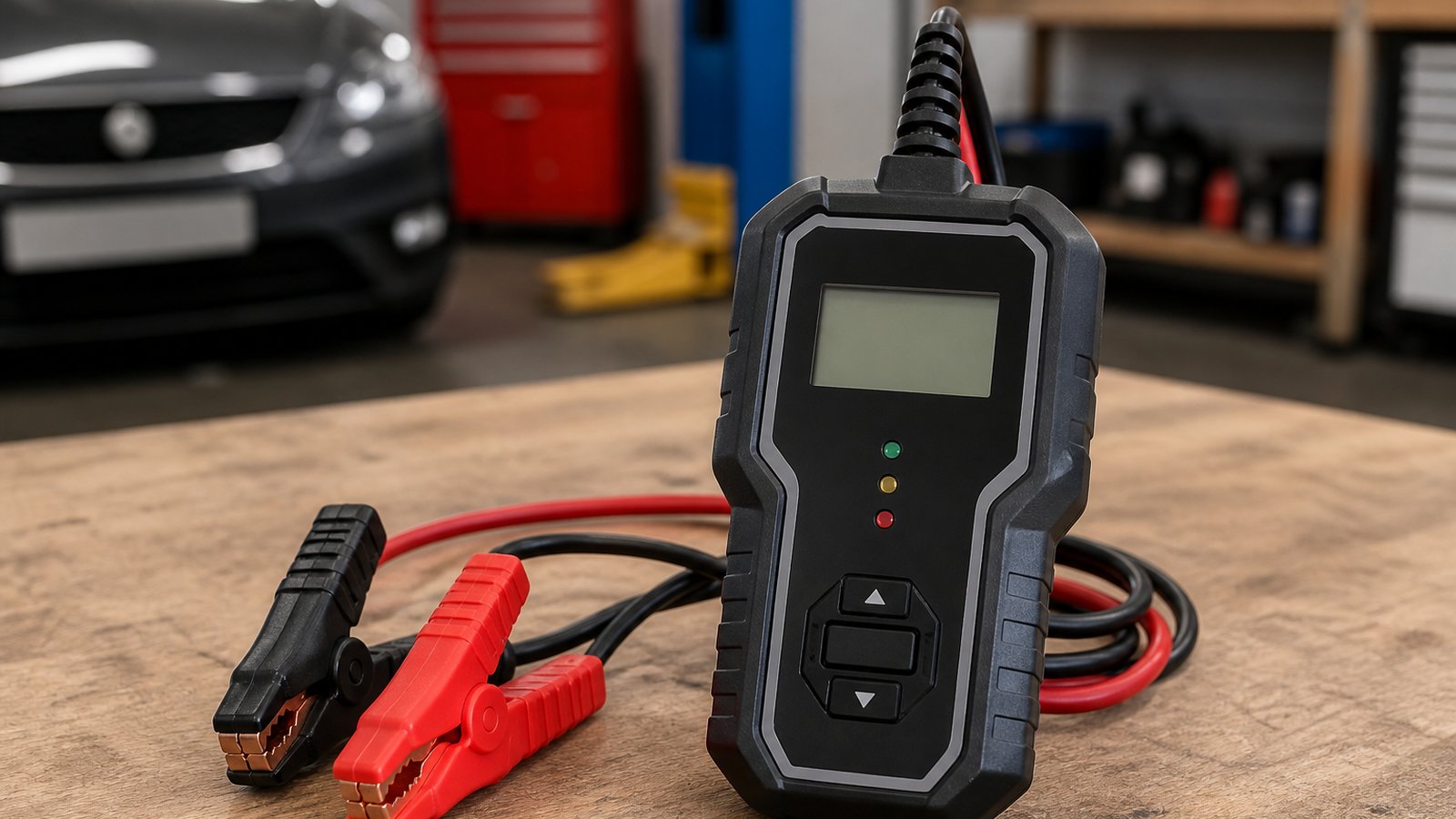 Compact handheld battery analyser on a clean workbench