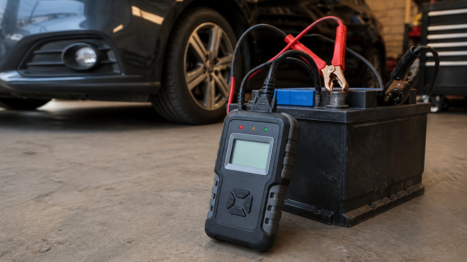 Handheld twelve-volt battery analyser in a UK garage scene