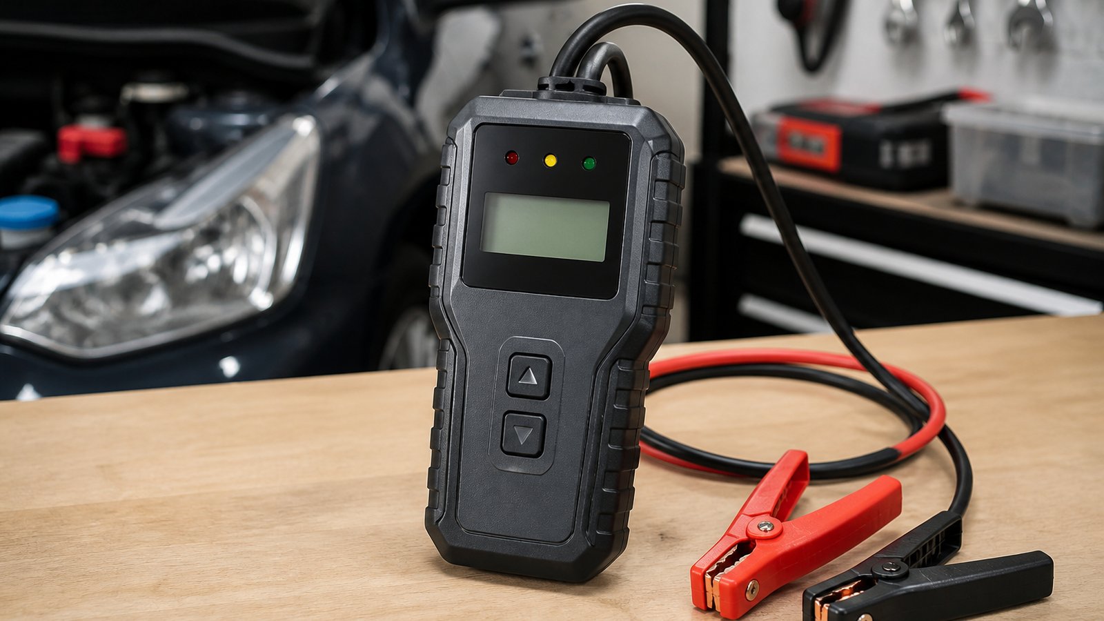 Compact handheld battery analyser on a clean workbench