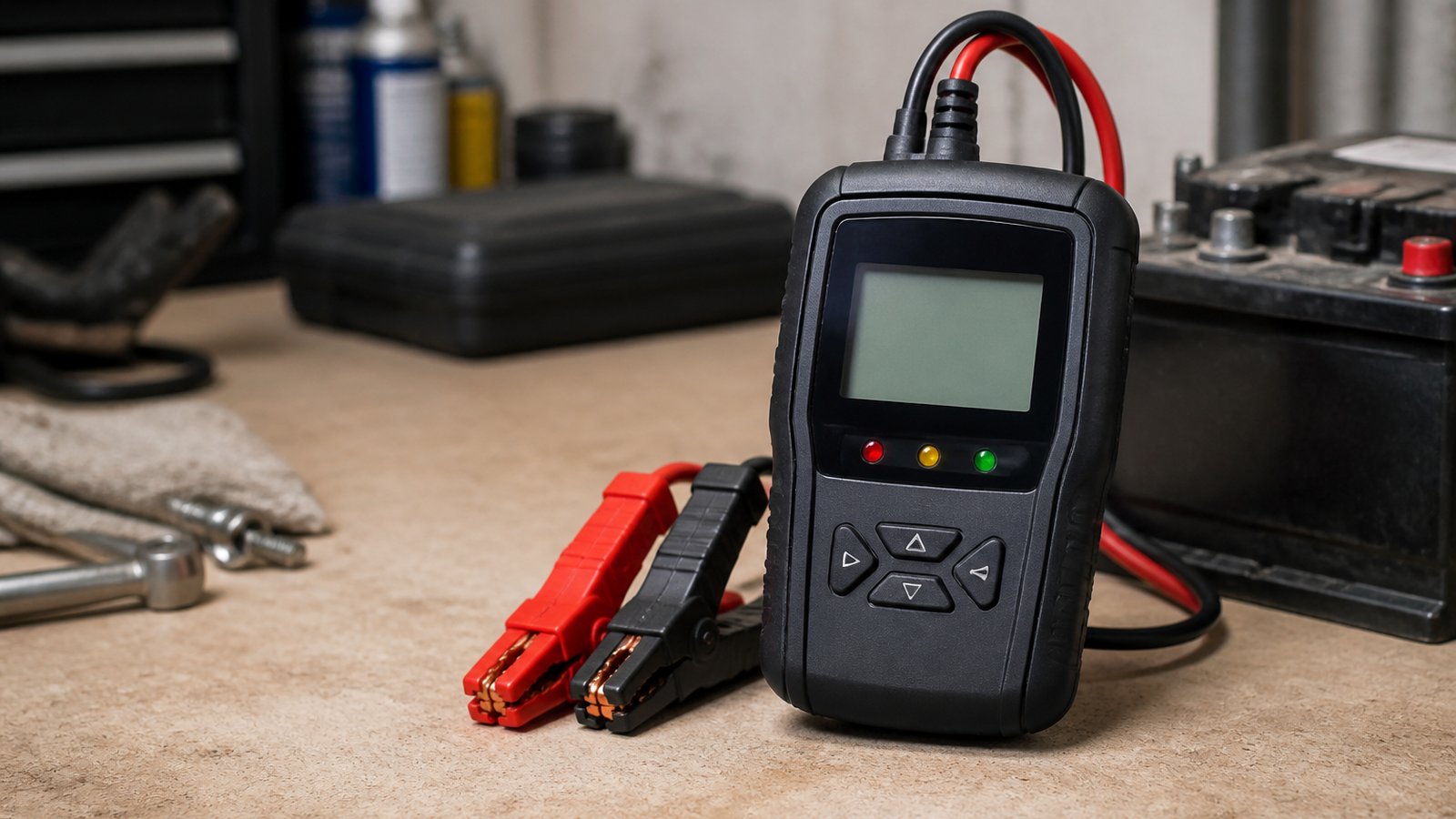 Compact handheld battery analyser on a clean workbench