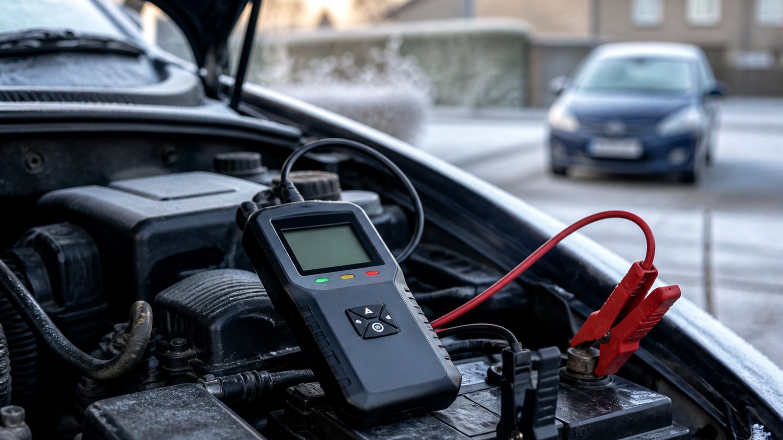 Frosty morning driveway battery health check with analyser