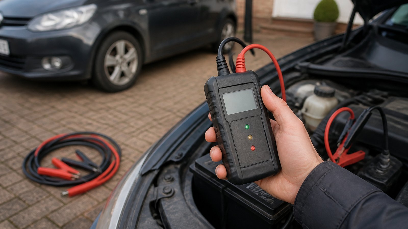Battery tester clamped after a driveway jump start
