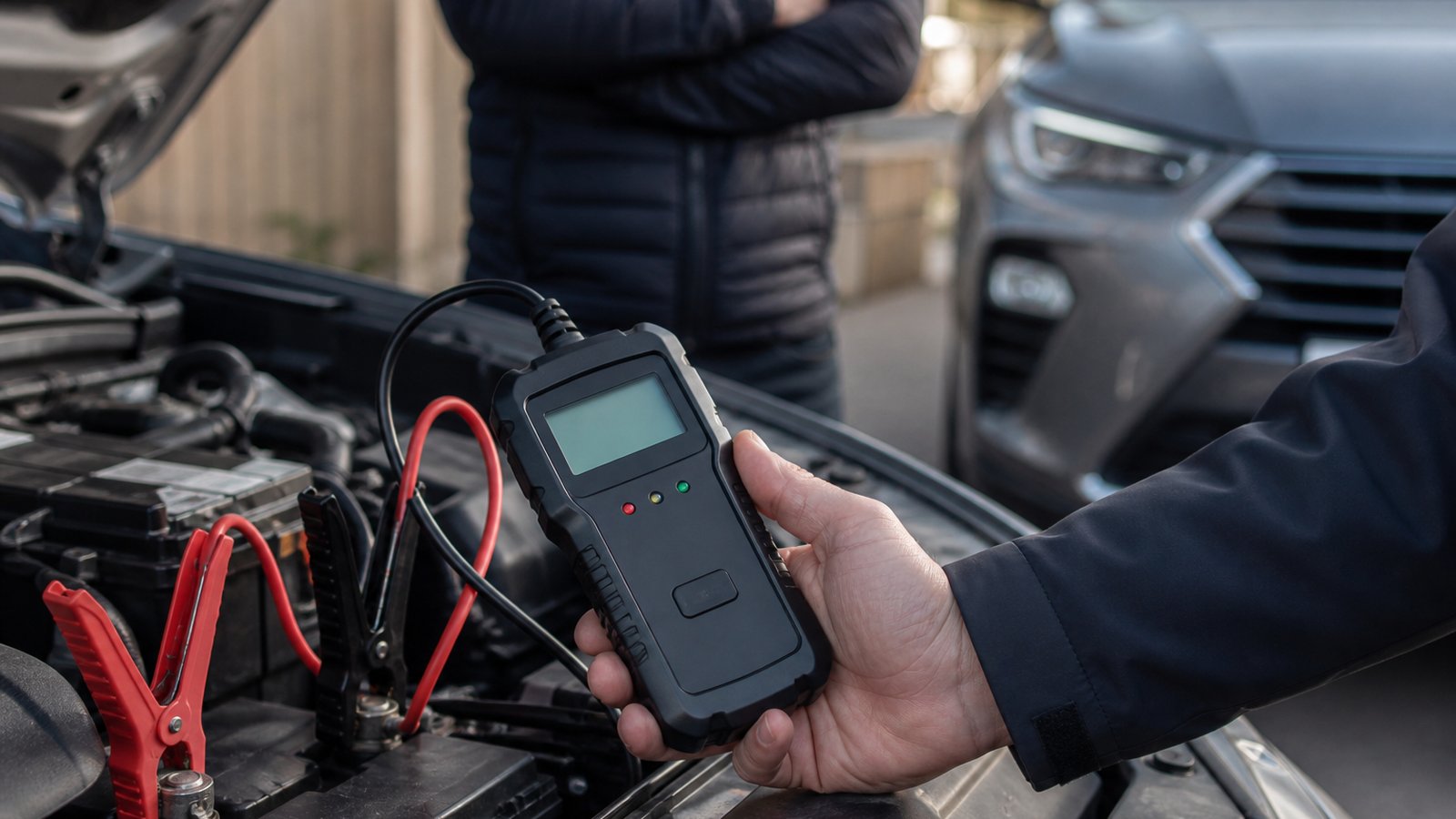 Handheld twelve-volt battery analyser in a UK garage scene