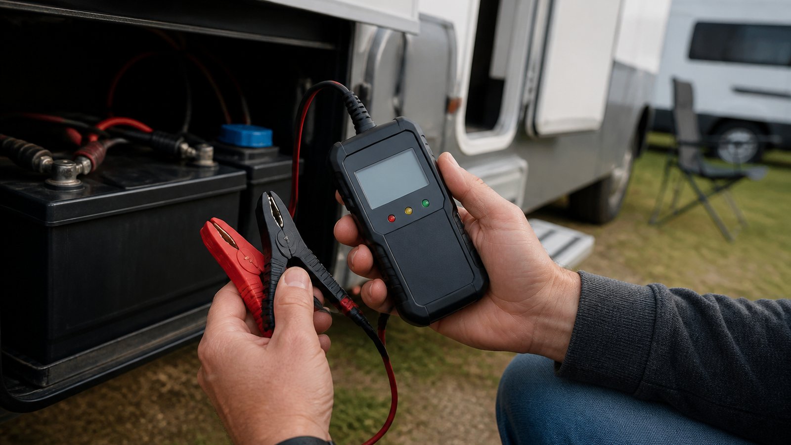 Battery analyser checking leisure packs beside a caravan