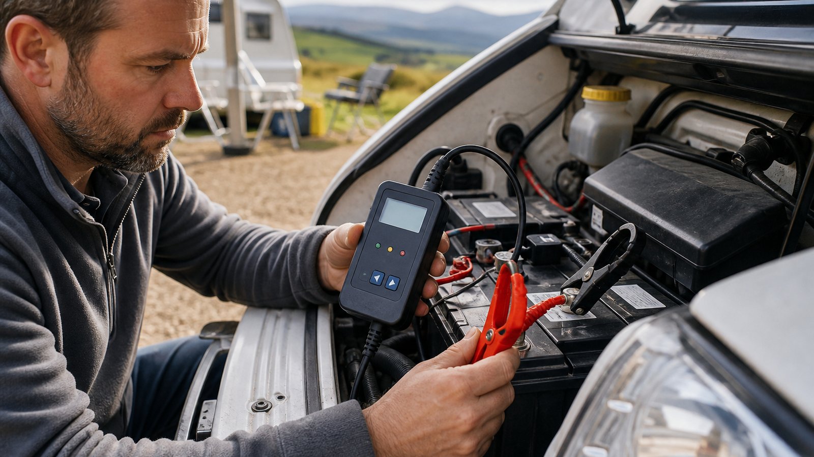Battery analyser checking leisure packs beside a caravan