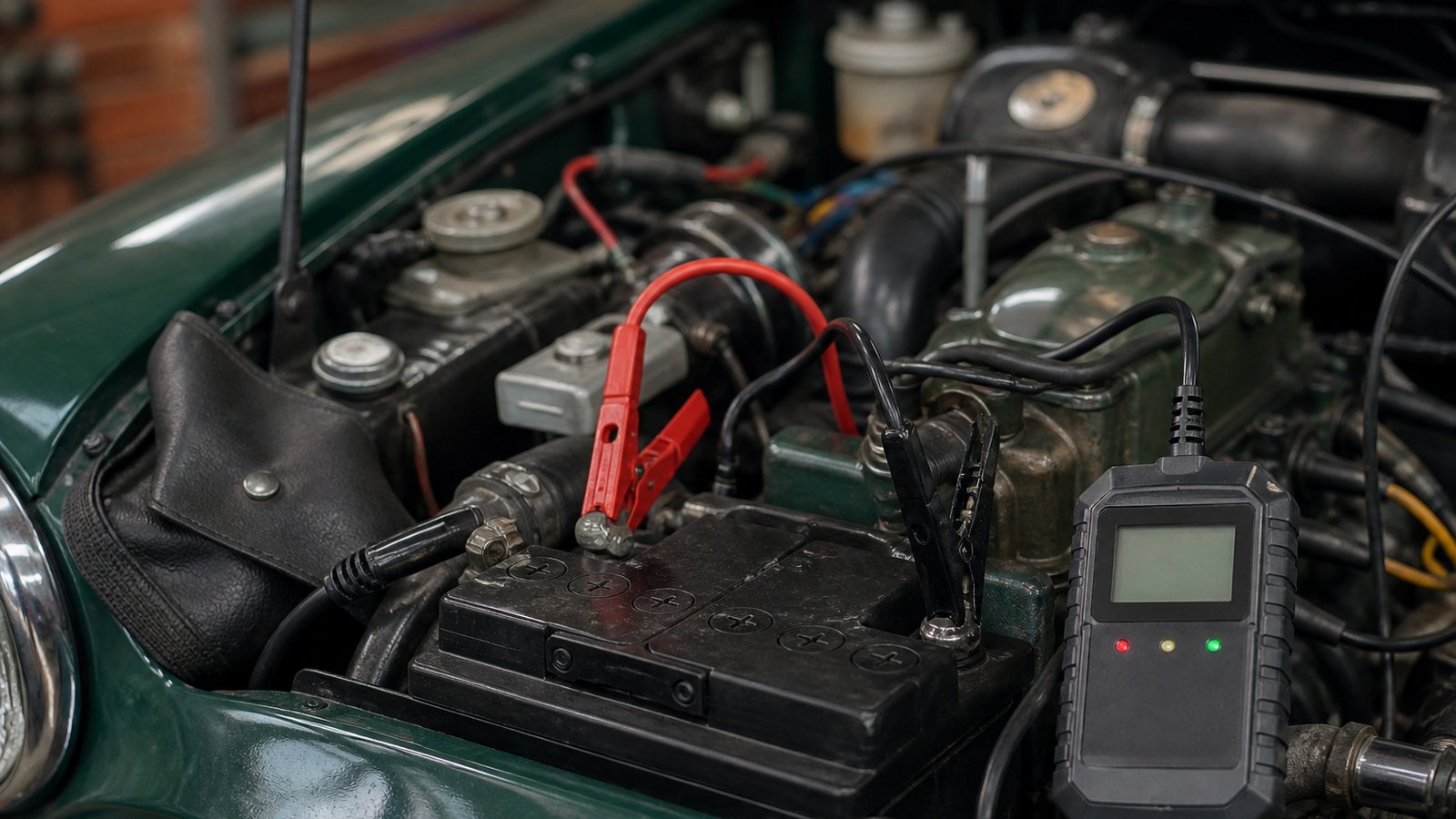 Handheld analyser clamped on a classic car battery