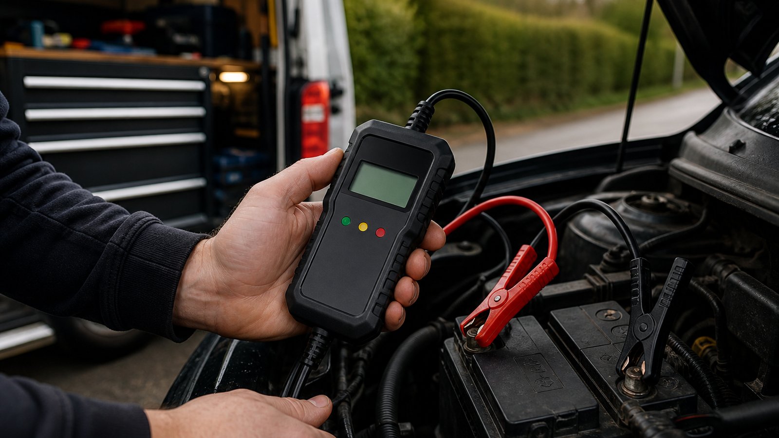 Mobile mechanic testing a car battery beside a van