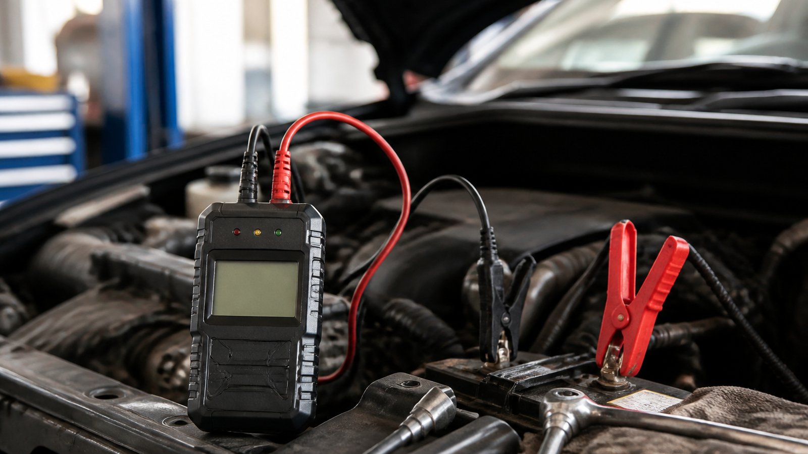 Analyser clamped for a charging-system check under a bonnet