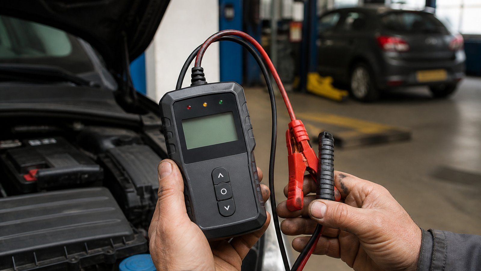 Handheld twelve-volt battery analyser in a UK garage scene