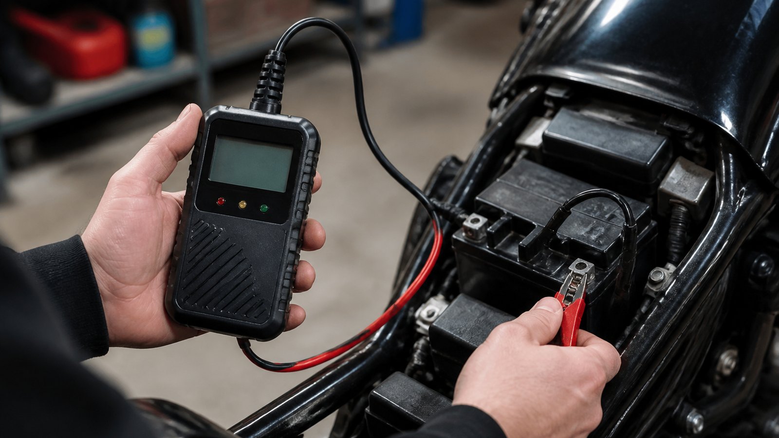 Compact analyser testing a motorcycle battery in a garage