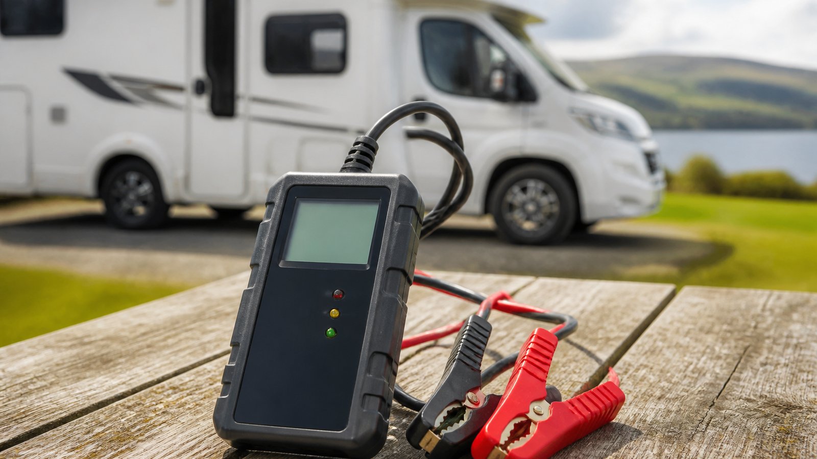 Battery analyser checking leisure packs beside a caravan