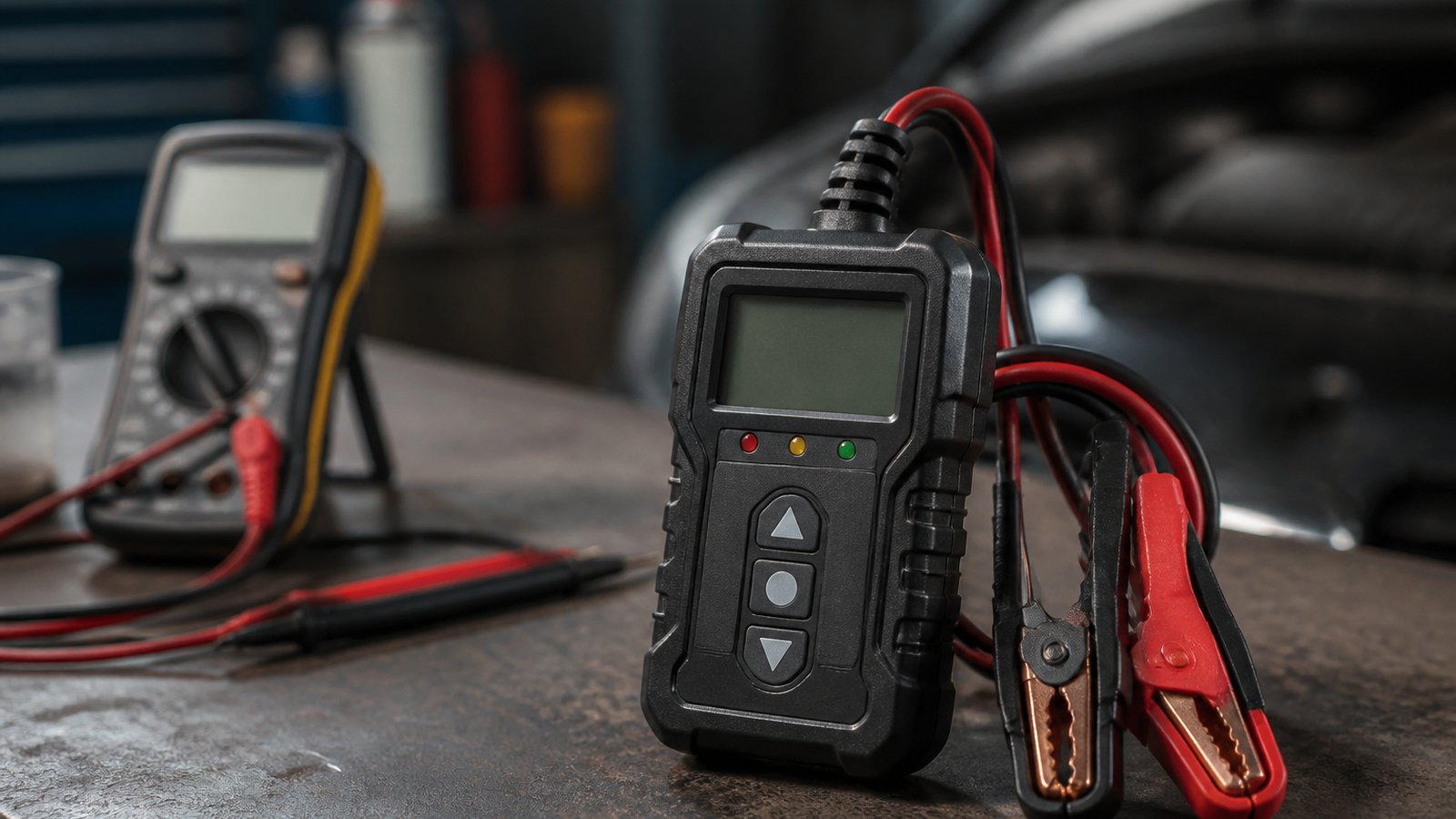 Dedicated battery analyser in focus beside a set-aside meter