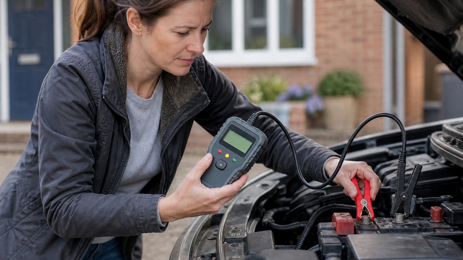 Handheld twelve-volt battery analyser in a UK garage scene